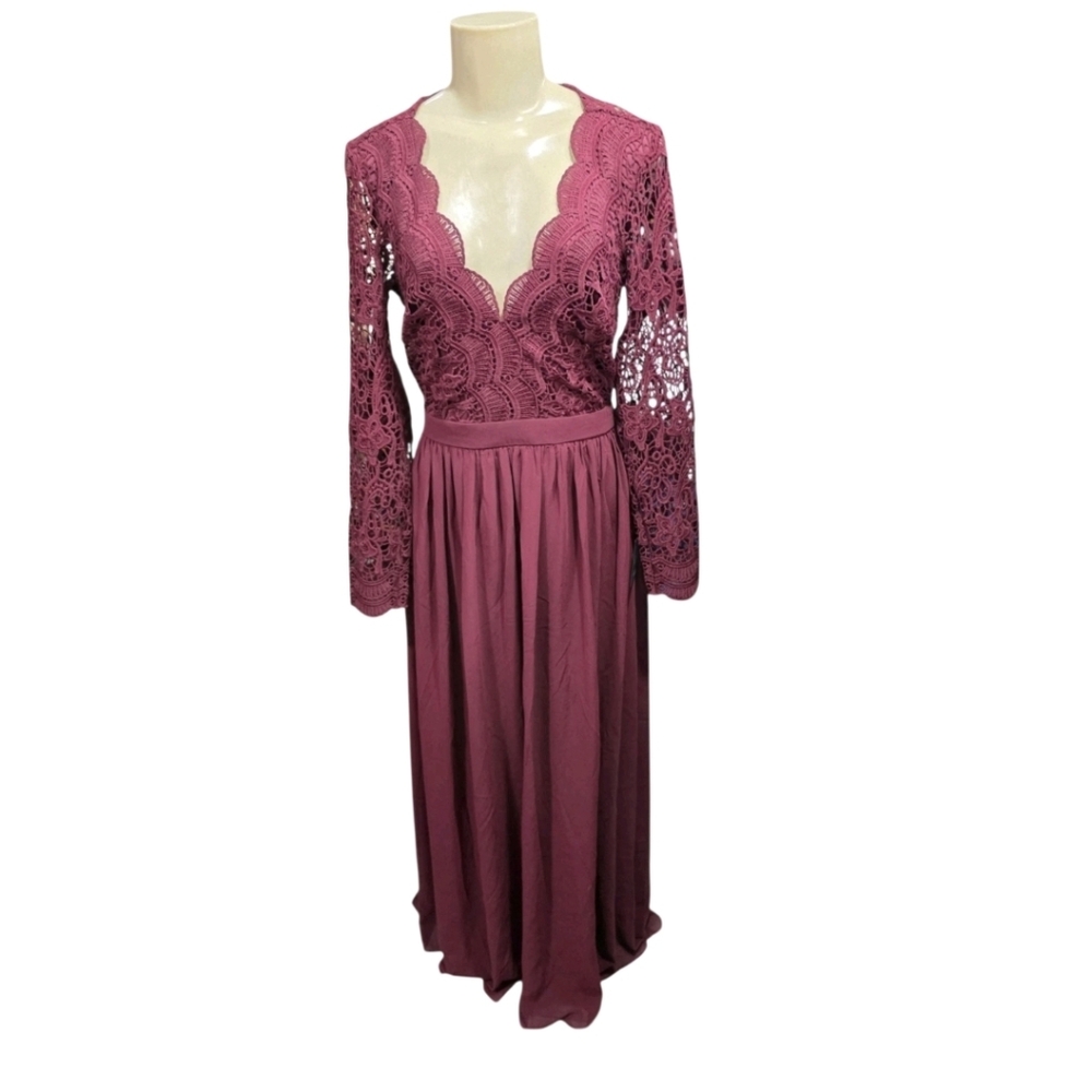 Lulus Size M Awaken My Love Burgundy Long Sleeve Lace Maxi Dress